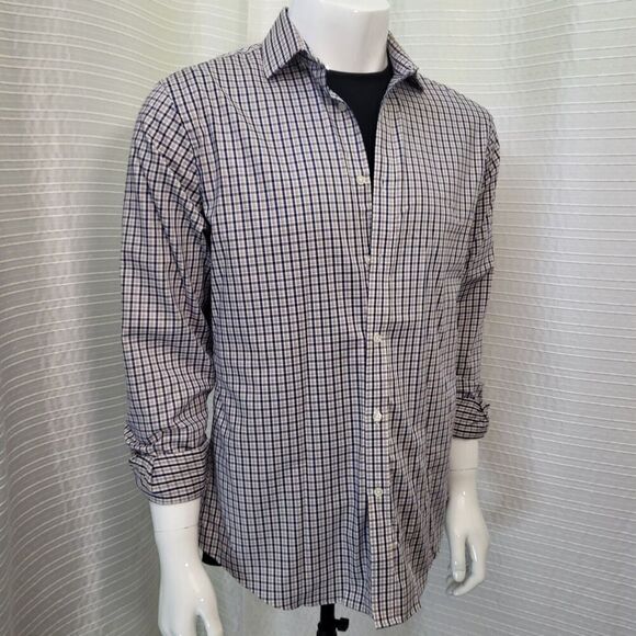 TOMMY HILFIGER Shirt Button Regular Fit Stretch Plaid Blue Tan Men's 15.5 34/35 - Picture 1 of 14